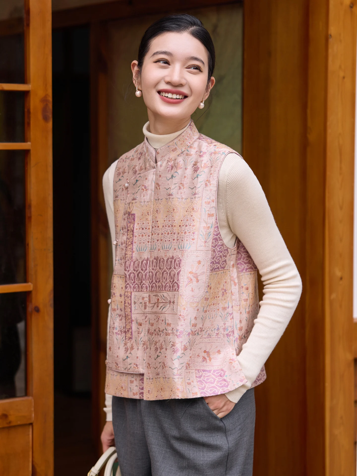 

Philothée Tang шелковый шерстяной цвет с тканой вышивкой, свободный крой, воротник-стойка, женский ретро-китайский хлопковый жилет на пуговицах