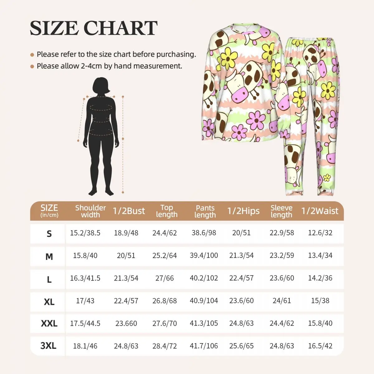 Funny Cartoon Cow Pattern Round Neck Long Sleeve Nightgowns for Sleeping Sleepshirts Women Soft Pajama Set Long Pants