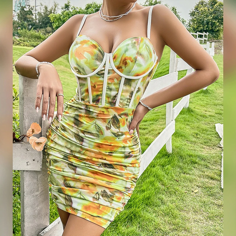 Omsj Vintage Elegante Planten Bloemenprint Backless Laag Uitgesneden Hals Van Schouder Bodycon Mode Vrouwen Sexy Bandage Mini Clubjurk