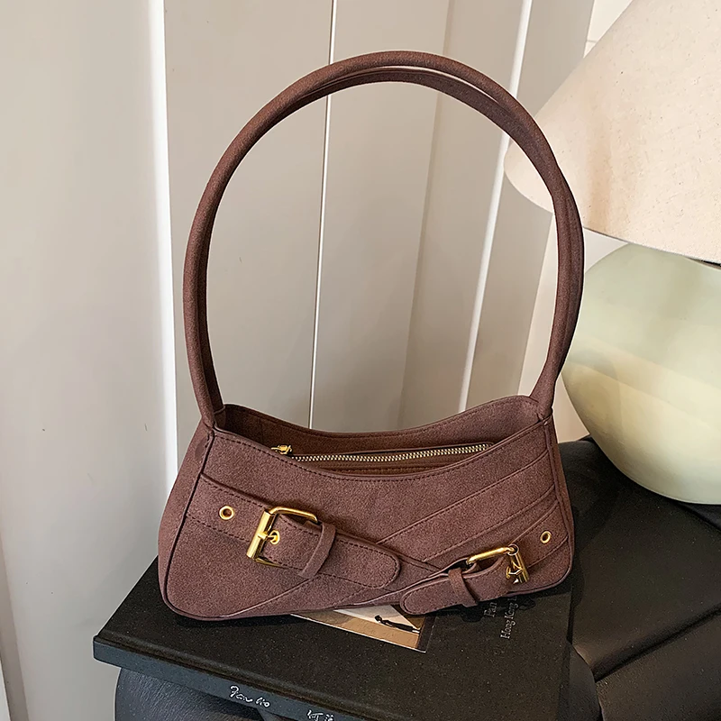 

Belt Buckle Design Shoulder Bag French Style Shopper Underarm Shopper Purse Vintage Suede Leather Handbag Tote Clutch Bag Female