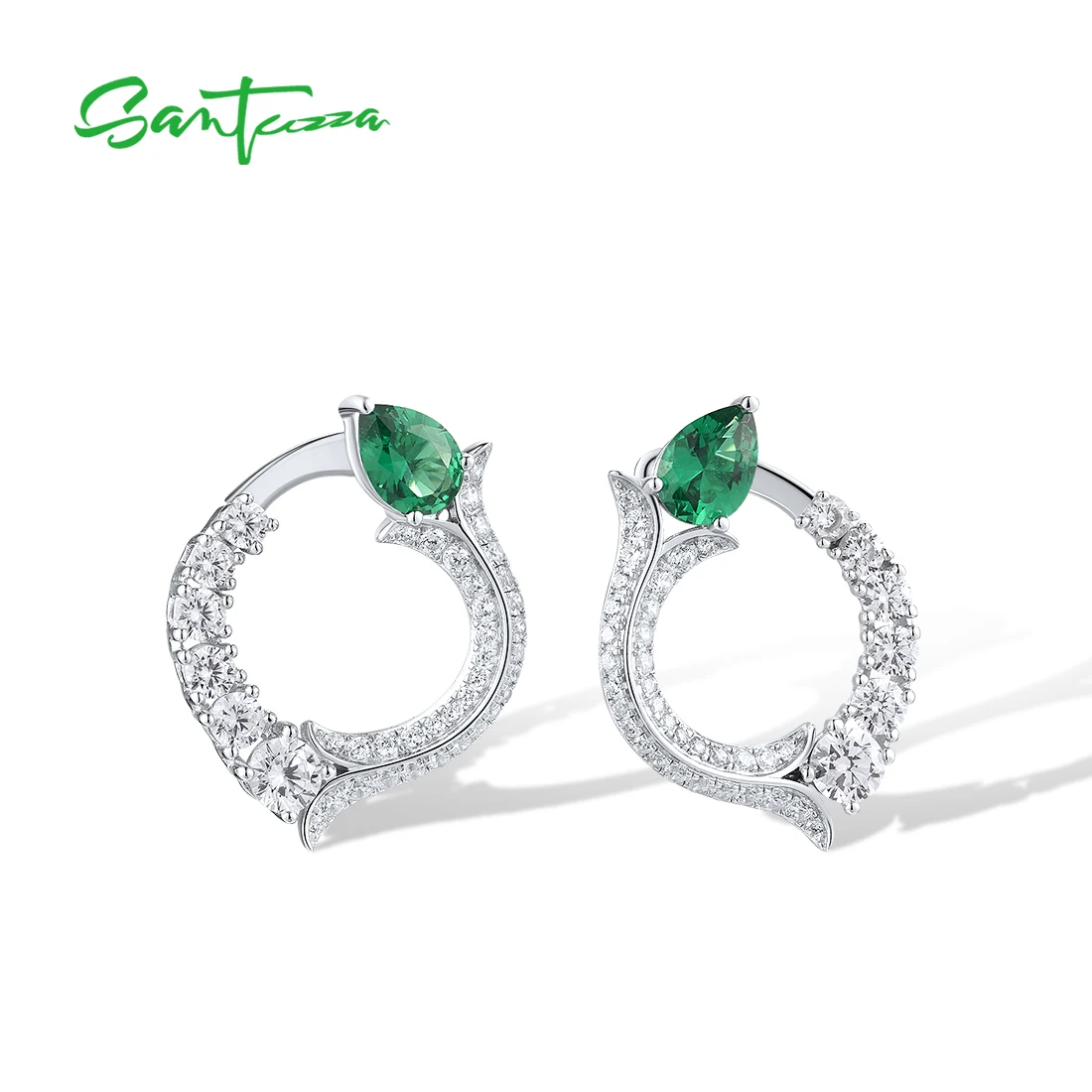 SANTUZZA Authentic 925 Sterling Silver Stud Earrings For Women Sparkling White CZ Green Spinel Delicate Drop Round Fine Jewelry