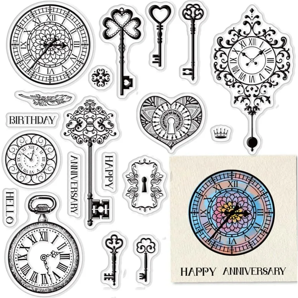 Key Clear Stamps for Card Making Decoration Scrapbooking Supplies Clock Clear Stamps Pocket Watches Transparent Rubber