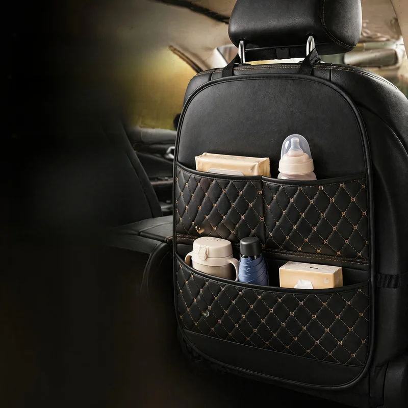 Car Seat Back Organizer PU Leather Multi‑Pocket Hanging Anti Kick Mat With Storage Bag Universal Auto Backseat Storage Pouch