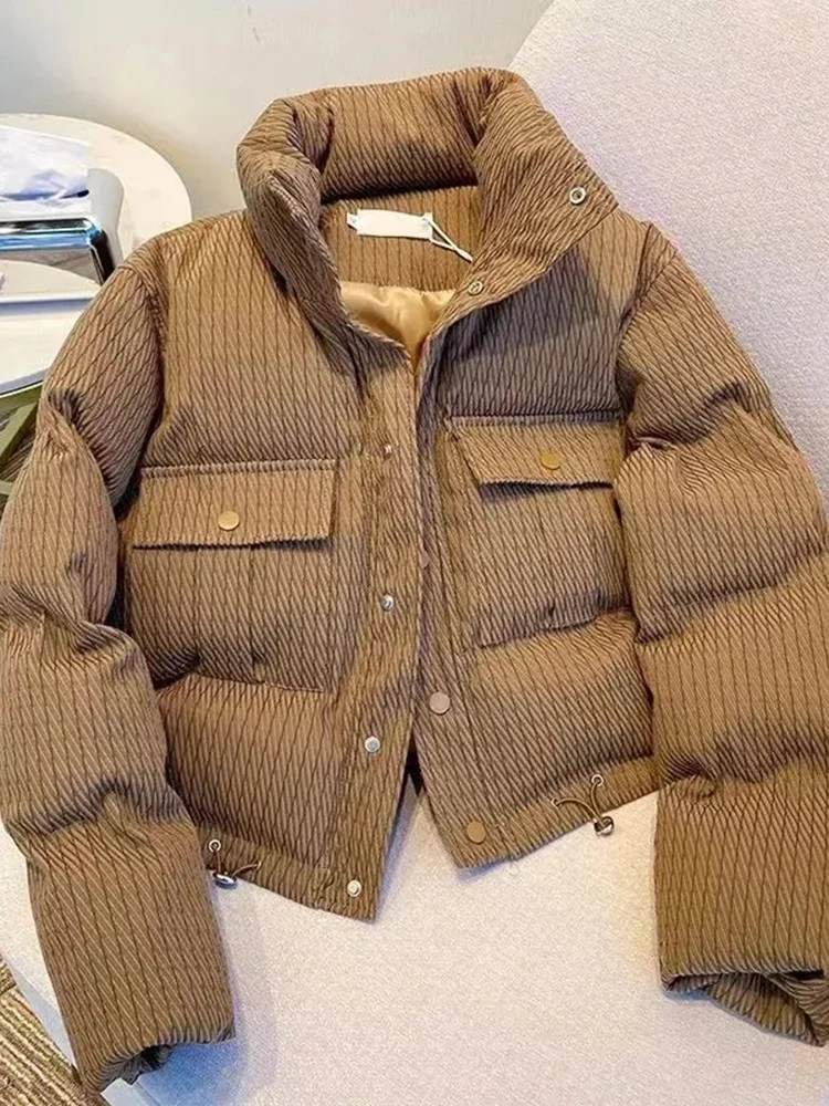 Gestreepte Vintage Winter Gezwollen Jas Vrouwen Lange Mouw Dikke Warme Katoenen Casual Koreaanse Stand Kraag Vrouwelijke Y2k Tops