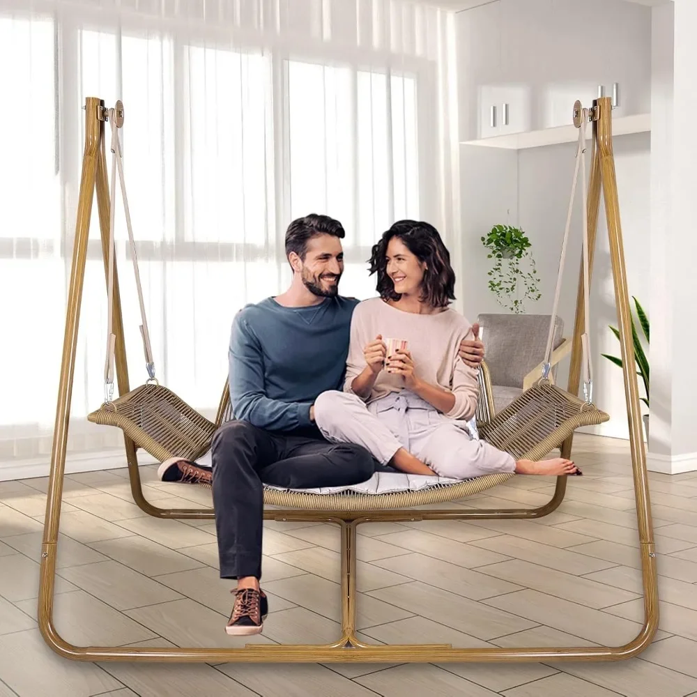 Anti-Rust Wood-Colored Frame 570 lbs Capacity with Cushion Oversized Dou,Hammock Swing Chair with Stand for Indoor,Outside