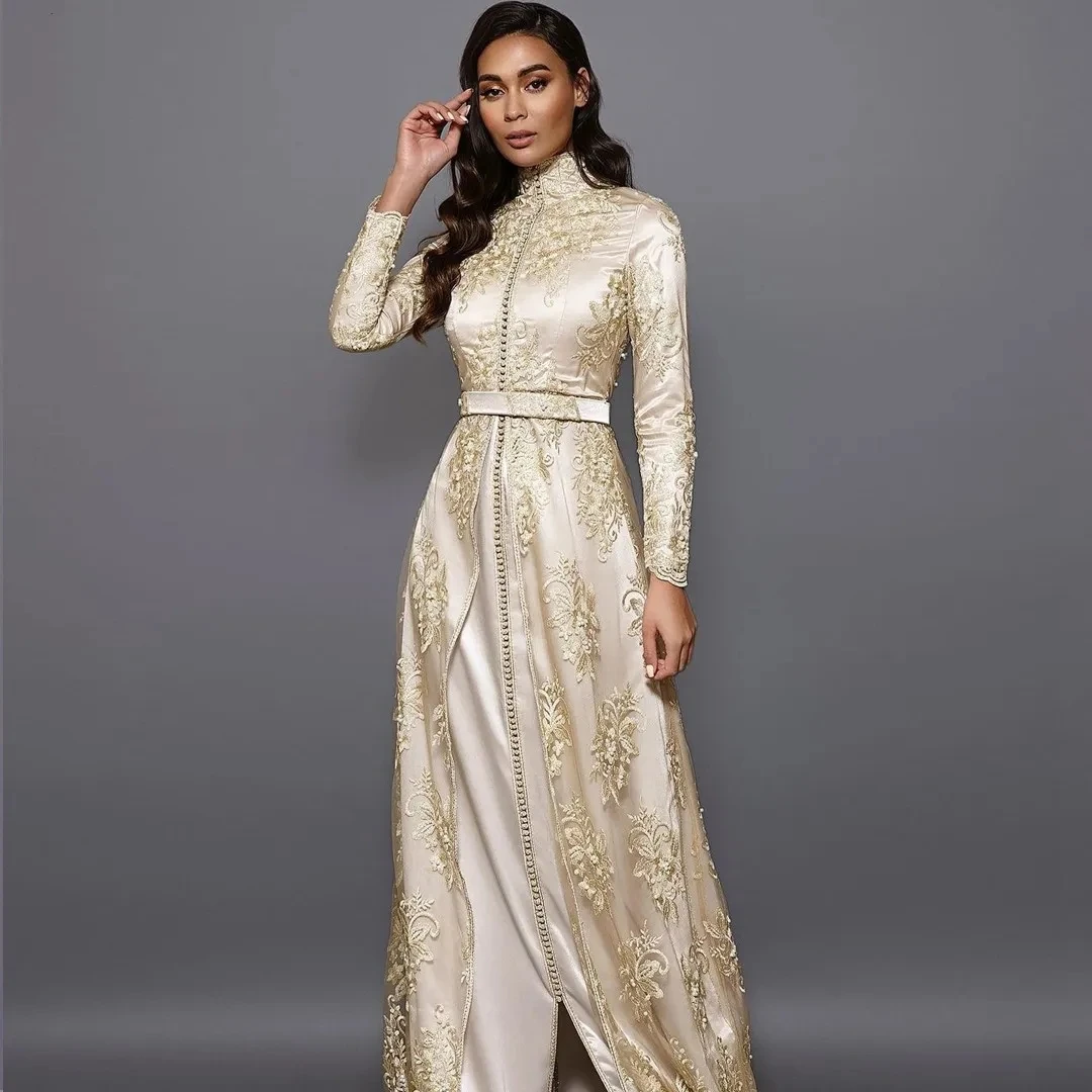 Champagne Moroccan Kaftan Muslim Evening Dresses A-line Long Sleeves Lace Dubai Arabic Turkey Caftan Abaya Islamic Gown