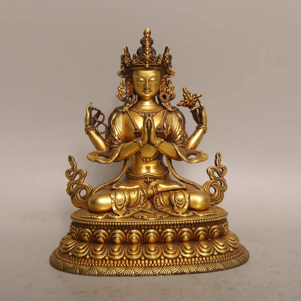 

Tibetan copper gilt four-armed Tara Guanyin Bodhisattva statue ornament, home Buddhist hall supplies, small 15cm