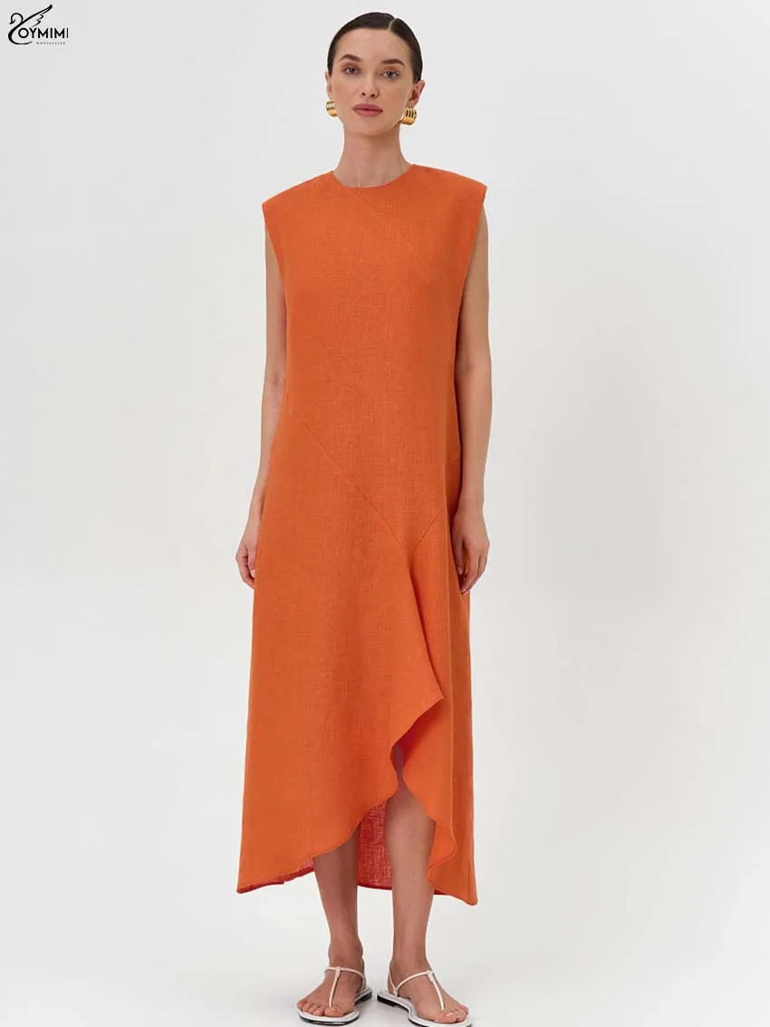 

Oymimi Elegant Orange Cotton Women's Dress Fashion O-Neck Sleeveless Button Dresses Autumn Ruffled Mid-Calf Dresses Streetwear