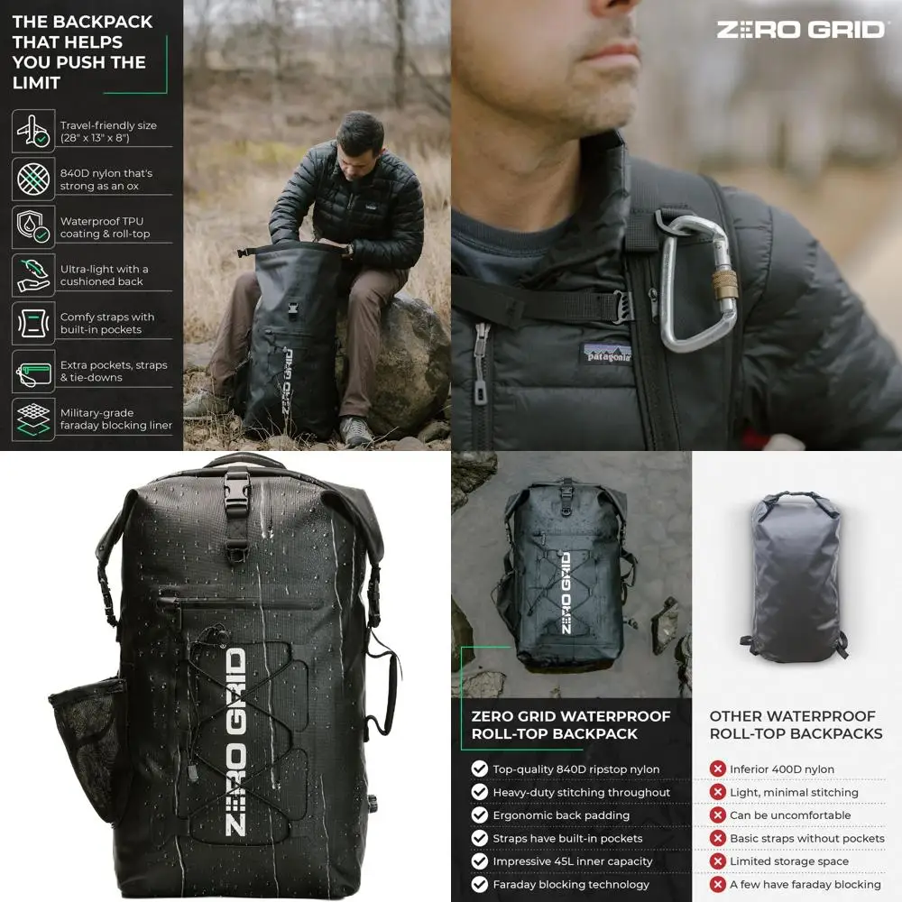 

Большой водонепроницаемый рюкзак Фарадея, сухая сумка — рюкзак с закатанным верхом на 45 л со встроенными карманами на ремнях, блокирующая сигнальную конструкцию для рекламы