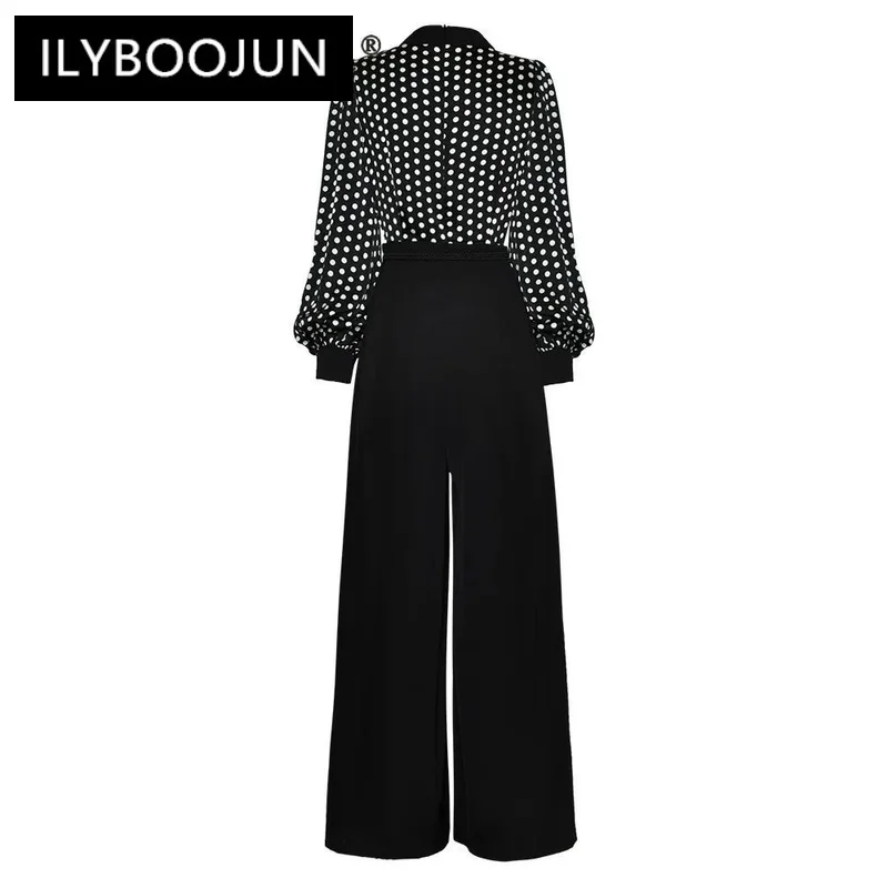 ILYBOOJUN Summer Fashion Designer New Jumpsuits Women Polka Dot Print V Neck Pocket Lantern Sleeve Commuter Office Jumpsuits