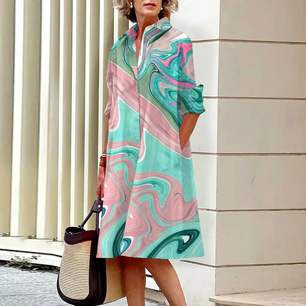 Ladies Abstract Face Printed Long Sleeve Shirt Dress Fashion Single Breasted Vintage Button Shirts Midi Dress Vestidos Spring