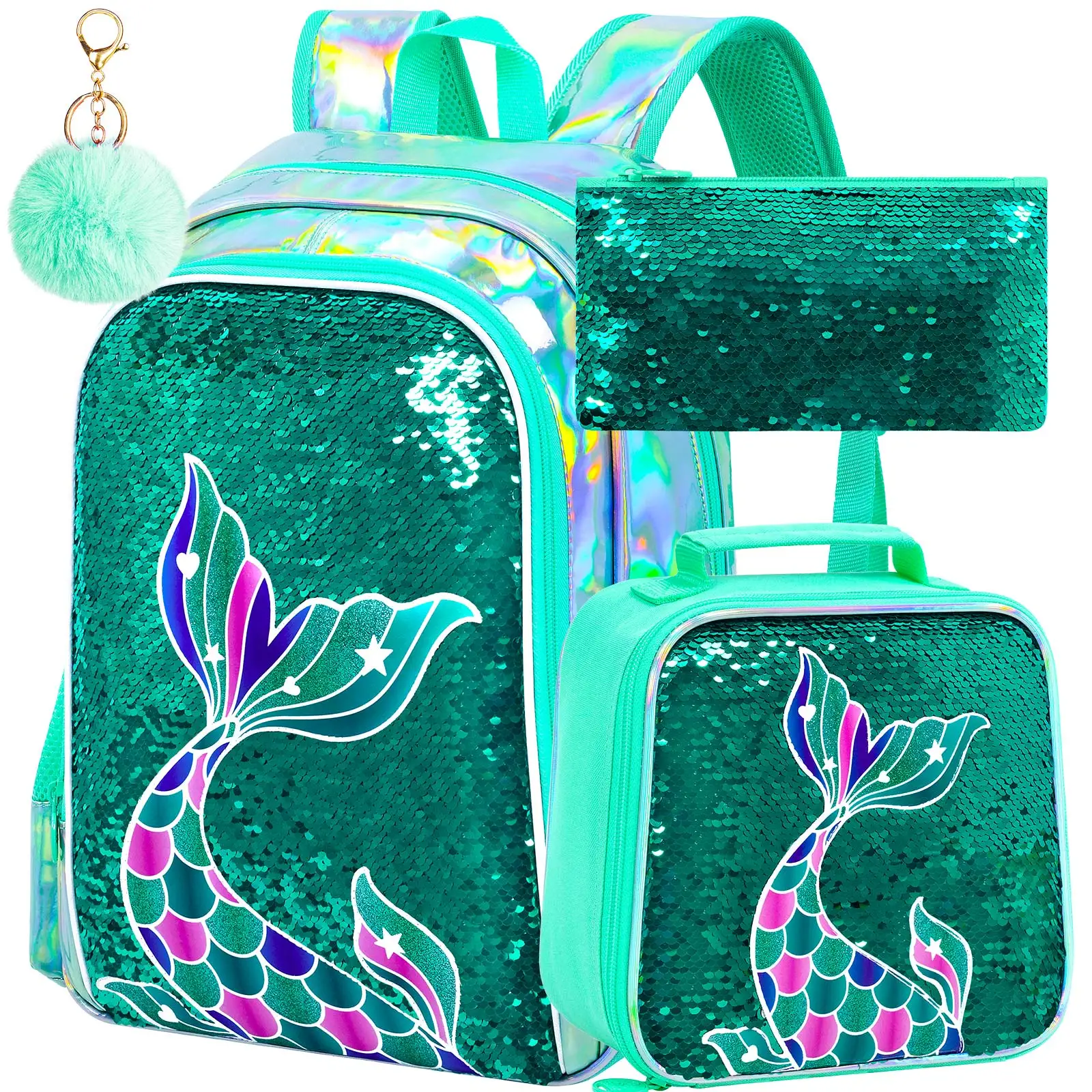 

Teal Mermaid Tail Sequin Backpack for Girls 3PCS Durable Water Resistant School Backpack Set with Lunch Bag Pen Bag for Little K