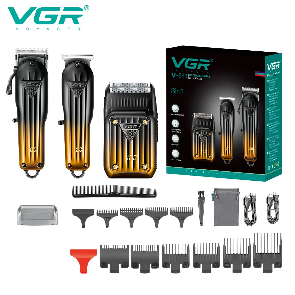 

VGR Trimmer Professional Hair Cutting Machine Cordless Hair Clipper 3 in 1 Barber Beard Shaver Electric Trimmer for Men V-644