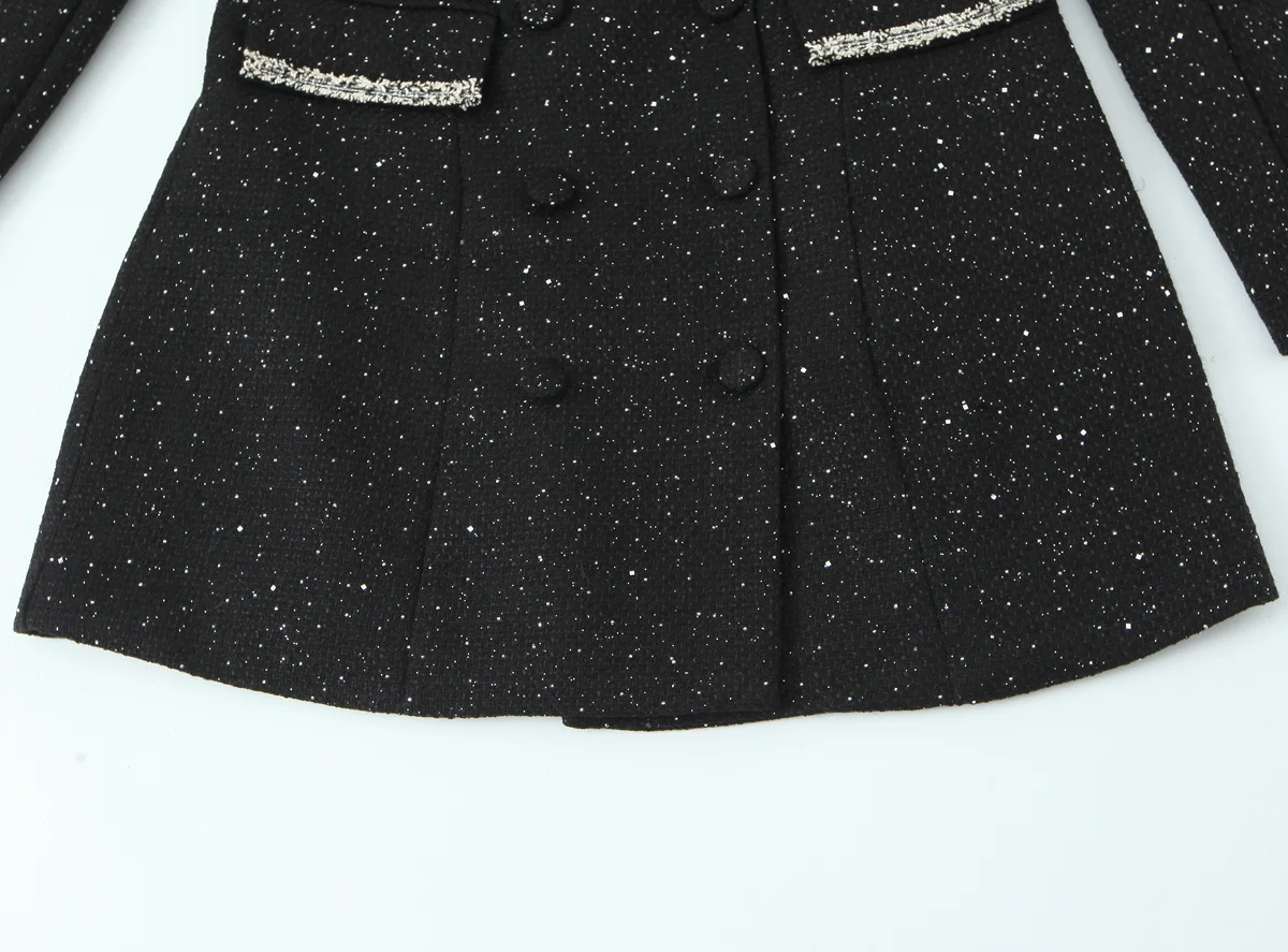 2025 Winter Nieuwe Dames Casual Modieus Temperament Kleurblokken Pailletten Double-Breasted Grove Stof Trim Blazer