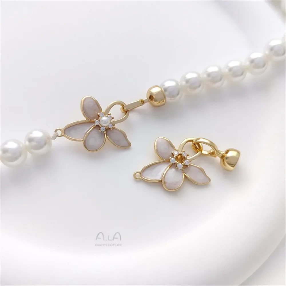 

Pearl Clasps 14K Gold Inlaid with Zircon Painting Oil Flower Connection Buckle Diy Ending Pendant Necklace Jewelry