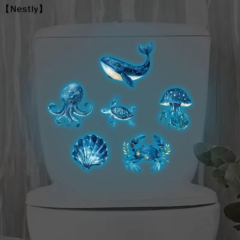 Marine Life Luminescent Glass Stickers Glow-in-the-Dark Toilet Sticker Self-Adhesive Removable Wall Sticker Car Sticker〔Nest〕
