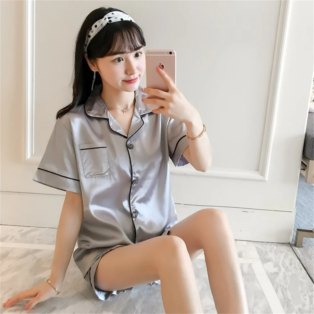 Imitation Silk Pajamas Womens Pyjamas Set Nightwear Ladies Silk Satin Sleepwear Short Sleeve Shorts Cool Ice Silk Two-Piece Set