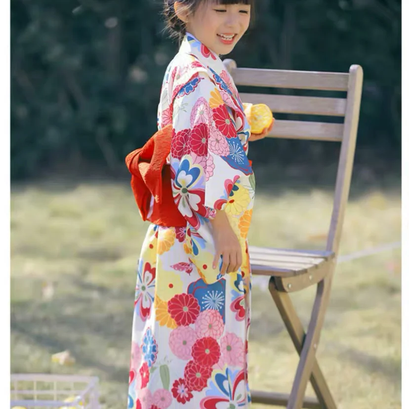 Novelty Floral Print Children Party Dress Japanese Style Baby Girl Kimono Obi Children Vintage Yukata Kid Girl Cospaly Costume