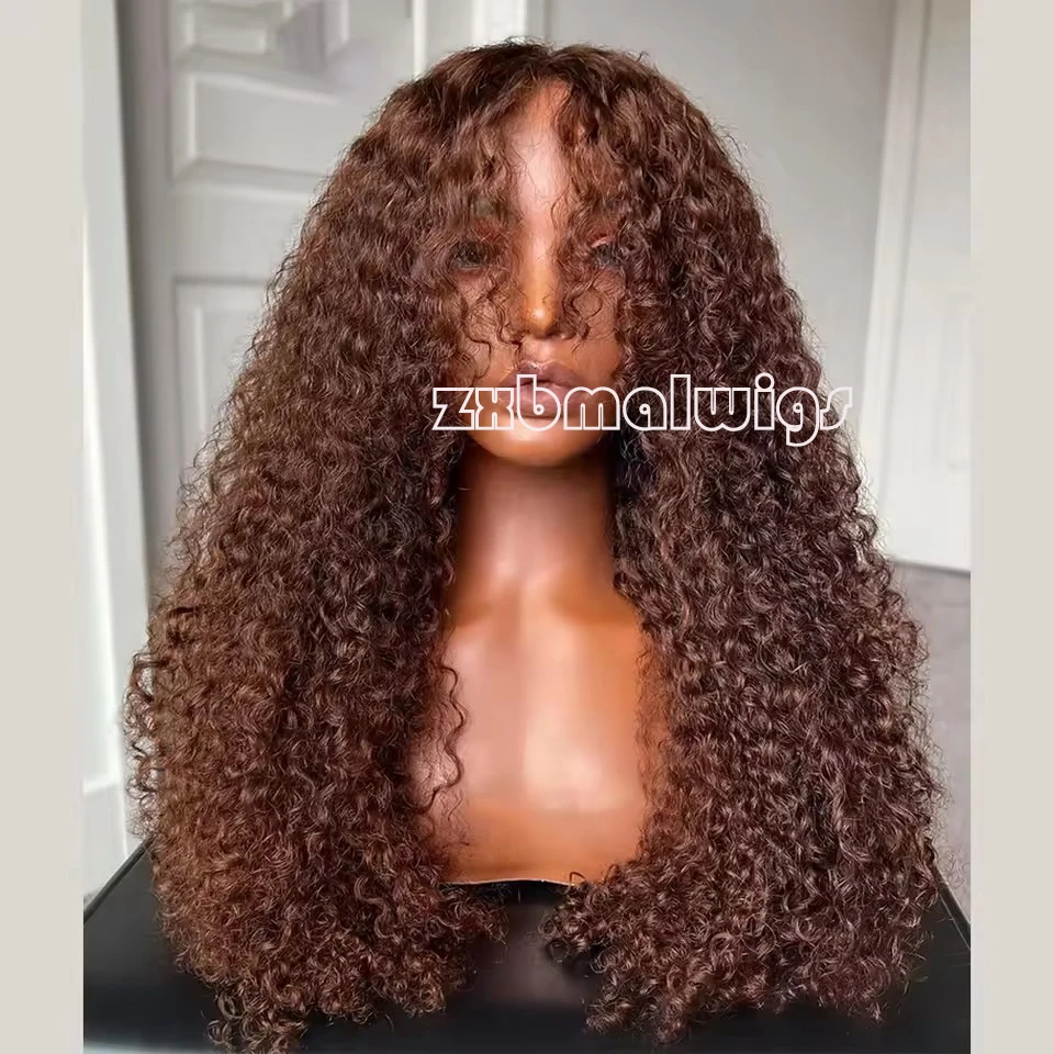 

Synthetic Hair Bangs Brown Kinky Curly Glueless 13X4 Lace Front Wig For Women Preplucked Heat Temperature Fiber Daily Cosplay