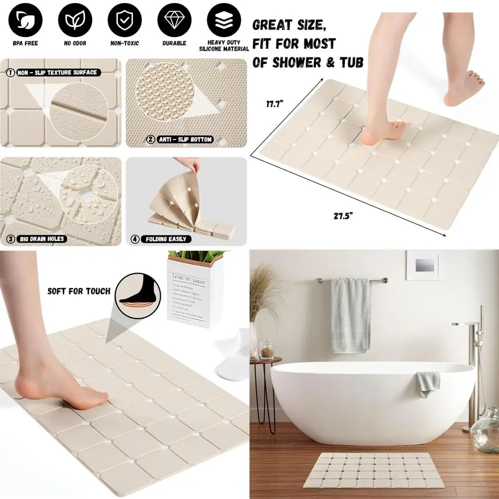 

Foldable Silicone Non-Slip Bath Mat for Textured Tubs, Beige, 28x17.7 Inches