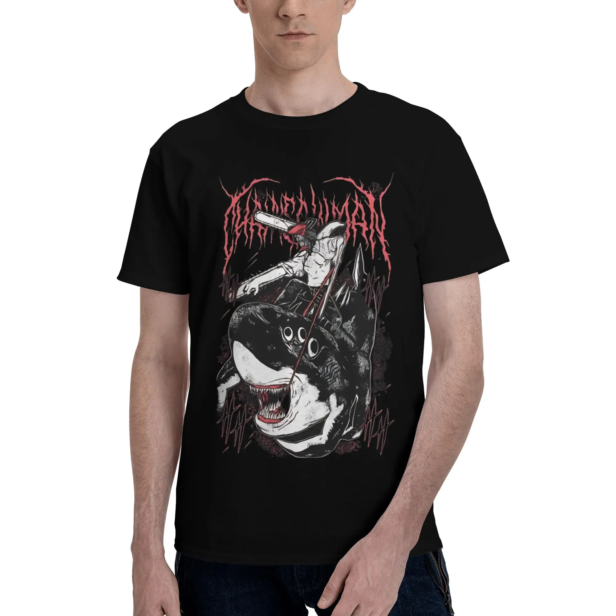 strong male  Funny 100% Cotton T-Shirt Bandai Chainsaw Man Tops Tees For Men