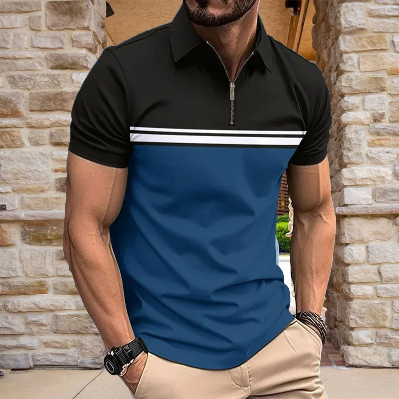 Horizontal casual fashion lapel men's short-sleeved American polo shirt 2024 solid color basic simple all-matching top men