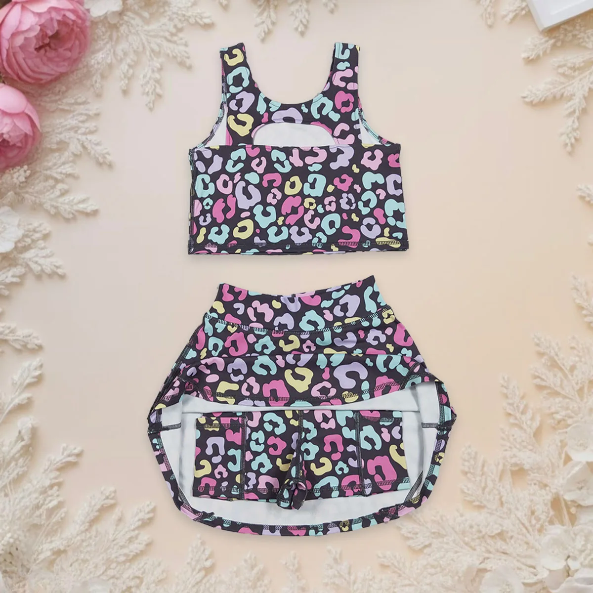 

Baby Girl Kids Sets Clothes Toddler Girls Summer Athletic Acive Wear with Leopard Vest Yoga Top Skirt Sports Skorts Dresses