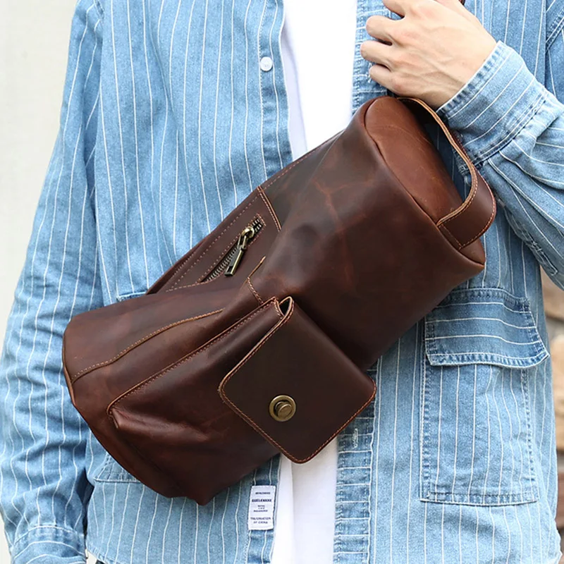 Chest Bag Men Casual Sling Crossbody Purse Vintage Genuine Cowhide Leather Outdoor Travel Zipper Barrel-Shaped Shoulder Bags