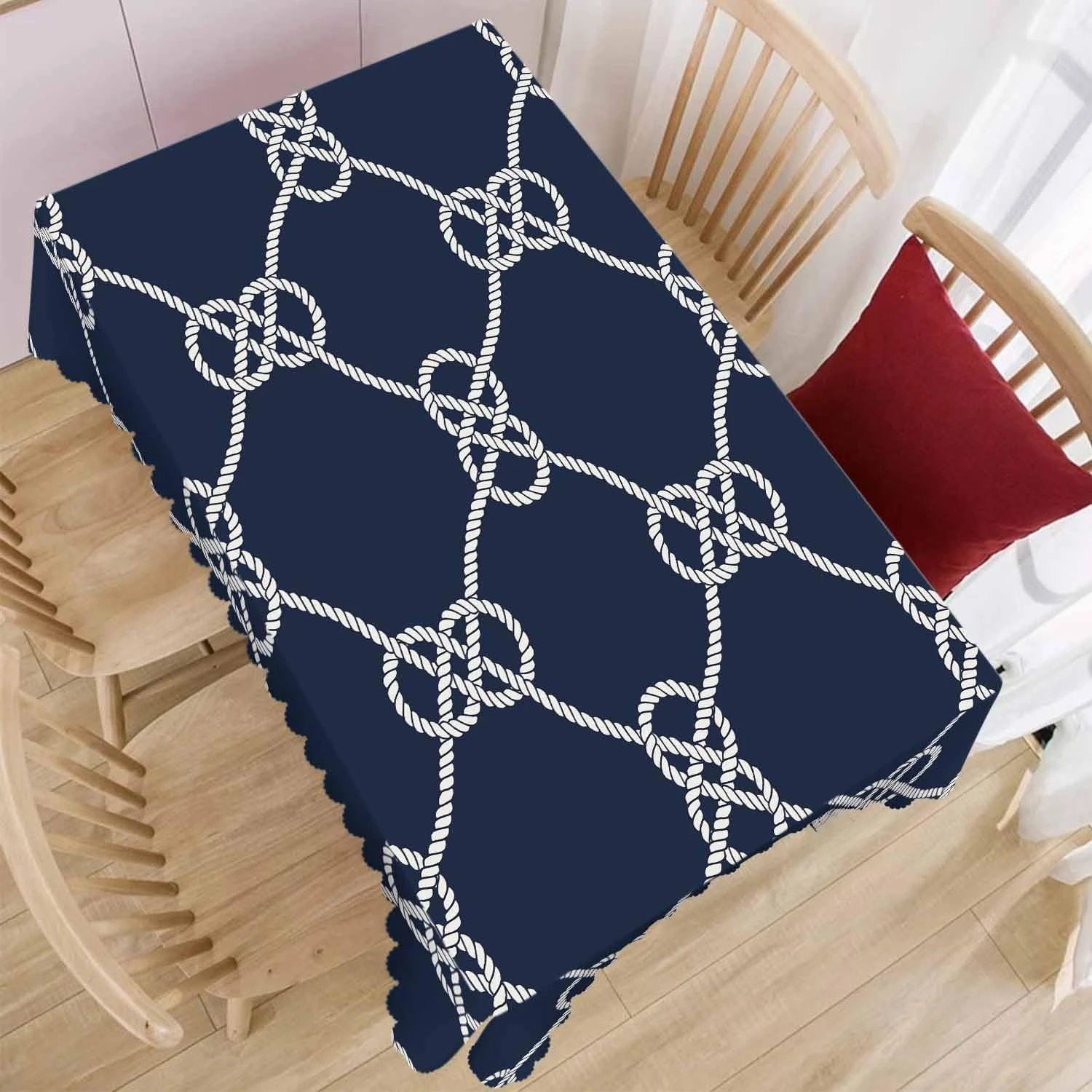 Dark Blue Nautical Rope Loop Knots Rectangle Tablecloth Table Decor Reusable Kitchen Dining Table Cloth Holiday Party Decor