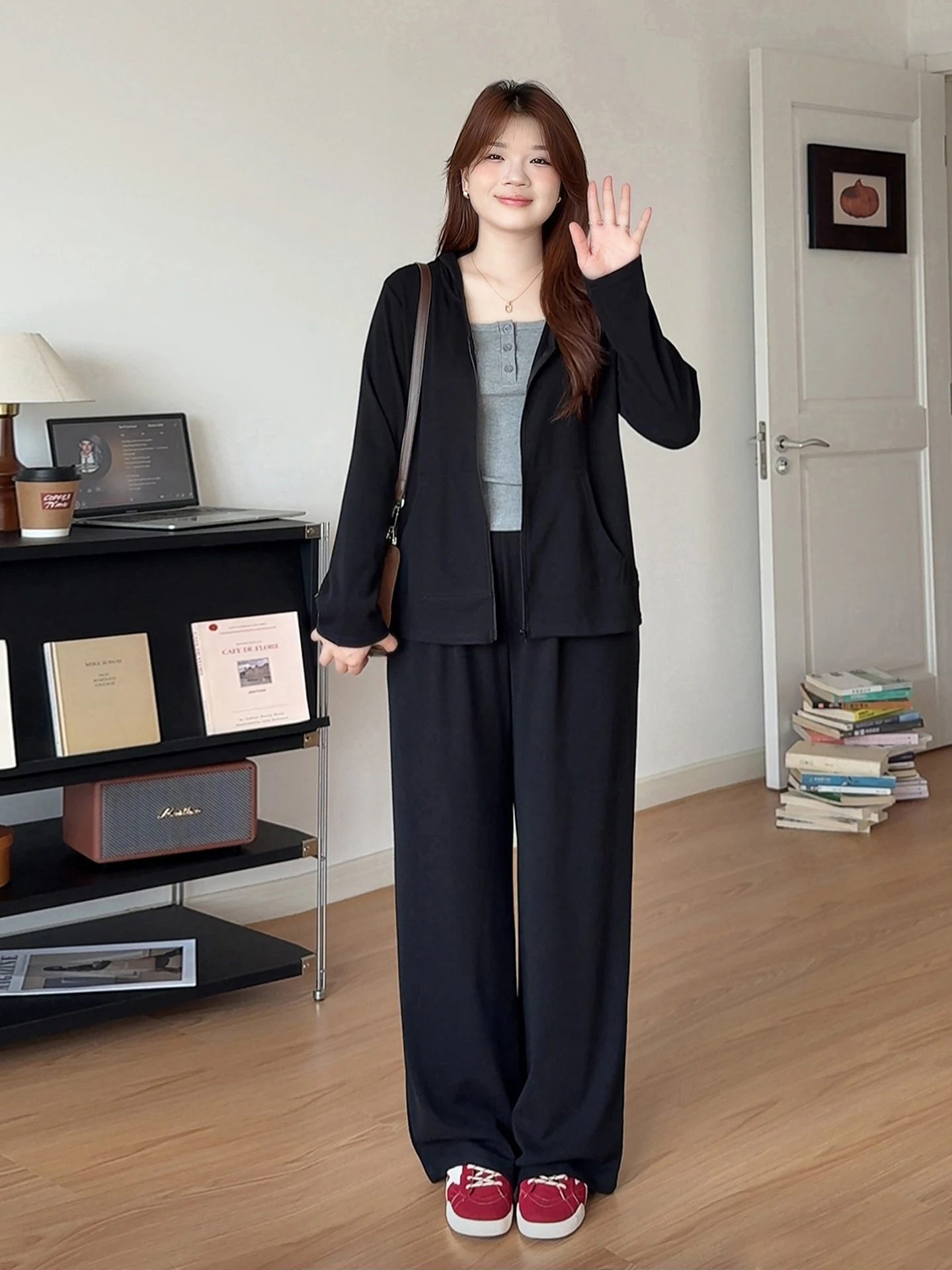 

Комплект из двух предметов: повседневные худи и брюки больших размеров для пышных женщин, осенний модный корейский стиль, с высокой талией, длинными рукавами, на молнии, в полоску