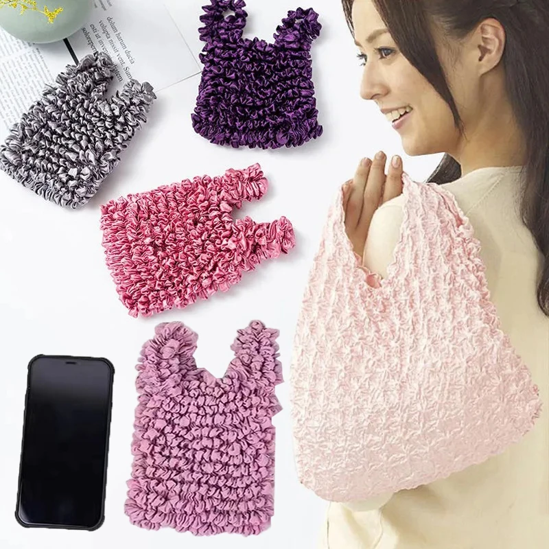 

1pc Portable Scalable Bag Large Capacity Shopping Elastic Handbag Reusable Mini Tote Women Pleated Pouch Folded Multicolor Purse