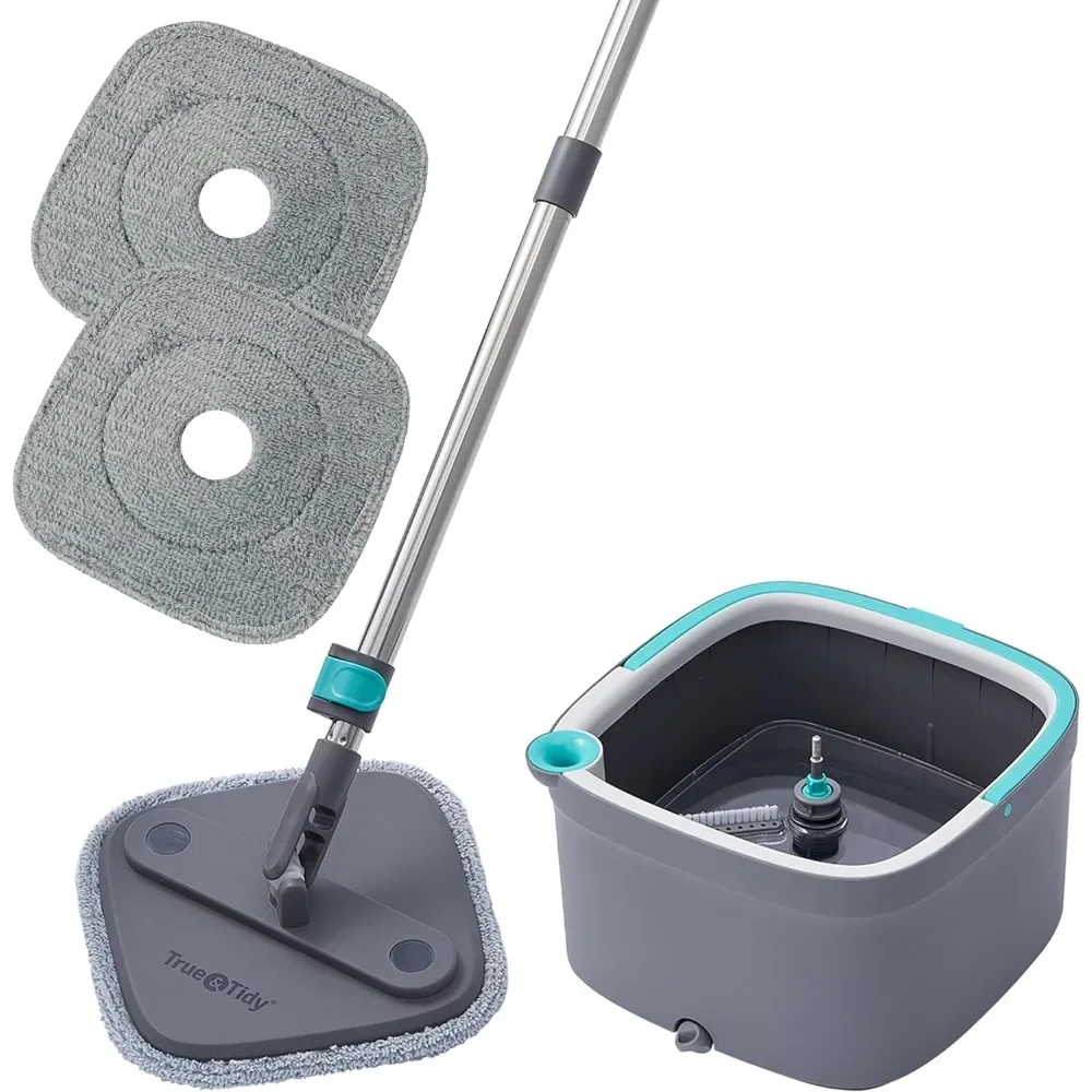 

Clean Mop and Bucket System,Includes Square Spin Mop,Dual Compartment Mop Bucket and 2 Thick Machine Washable Mop Pads