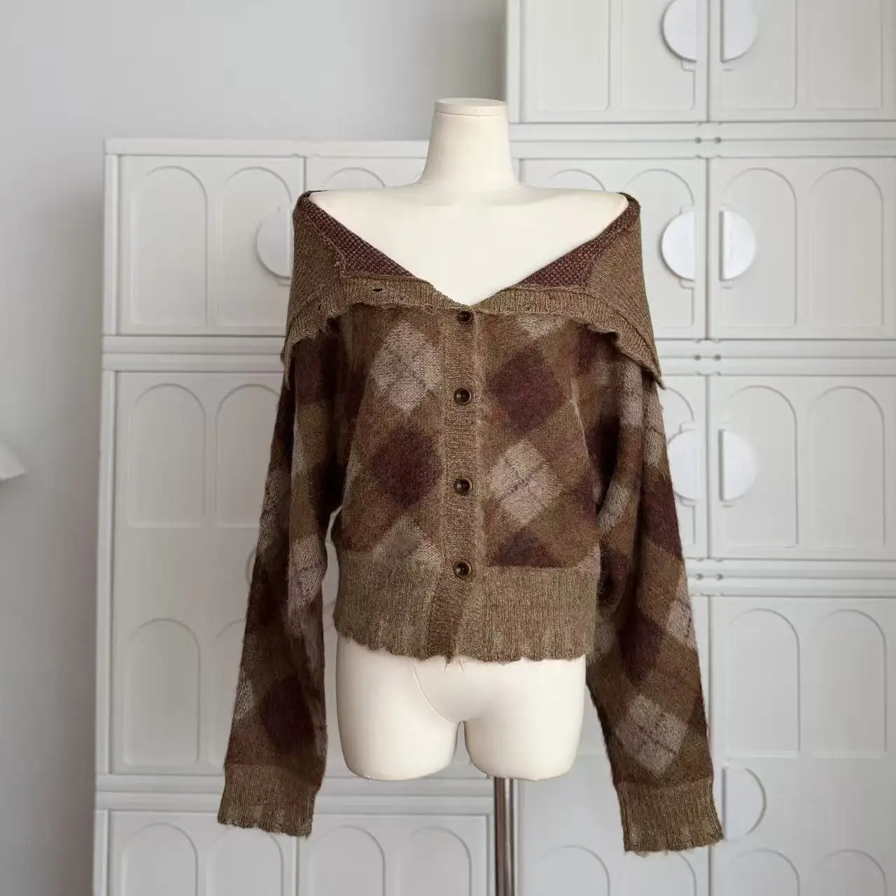 Sweter rozpinany w kratę w stylu vintage, luźny, z dzianiny, patchworkowy, wełniany kardigan na jesień i zimę, odzież modowa C225