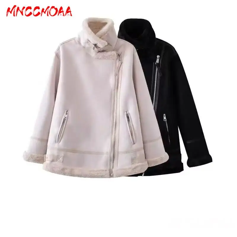 MNCCMOAA High Quality 2023 Winter Women Fashion Loose Thick Warm Fleece Faux Leather Jackets Coat Female Casual Zipper Outwear