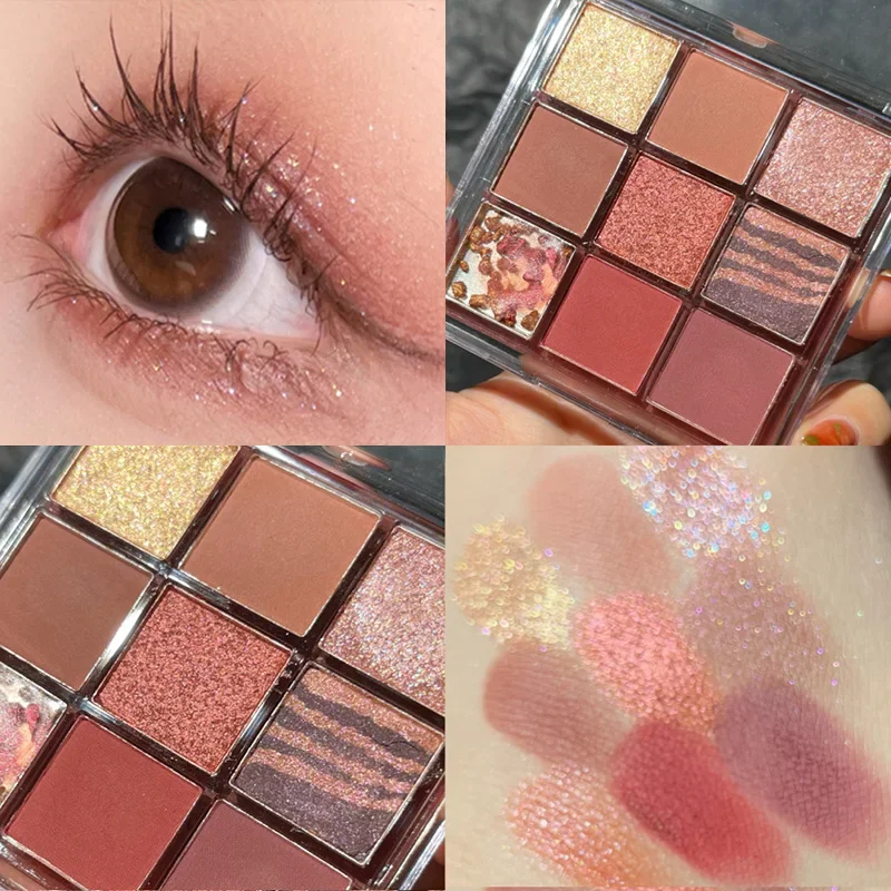 Paleta de sombra de ojos de 9 colores, brillo nacarado, sombra de ojos desnuda de larga duración, maquillaje de ojos encantador coreano, cosméticos