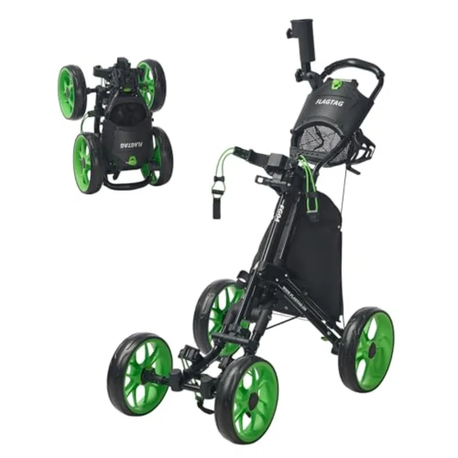 

Golf Push Cart 4-Wheels, Folding Golf Cart, Golf Pull cart with Cup Holder, Umbrella Holder, Cooler Bag, Foldable with one-Clic