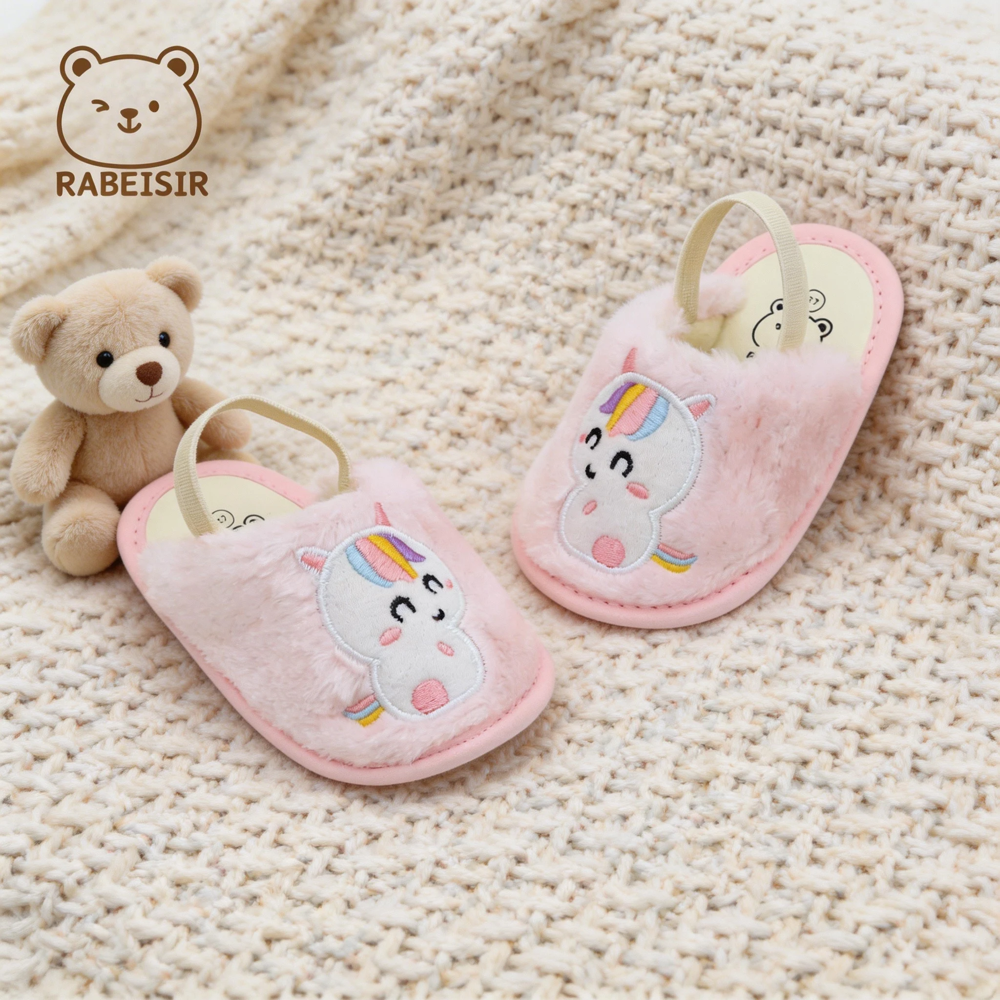 Cartoon Animal Baby Plush Slippers, Cute Unicorn Dinosaur Embroidery, Heel Strap, Lightweight Soft-Soled Baby Walking Shoes