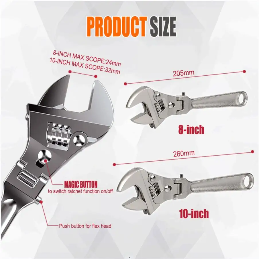 8/10 Inch Adjustable Ratchet Wrench 180 Adjustable Shaking Wrench Folding Handle Dual-Purpose Pipe Wrench Key Hand Tool