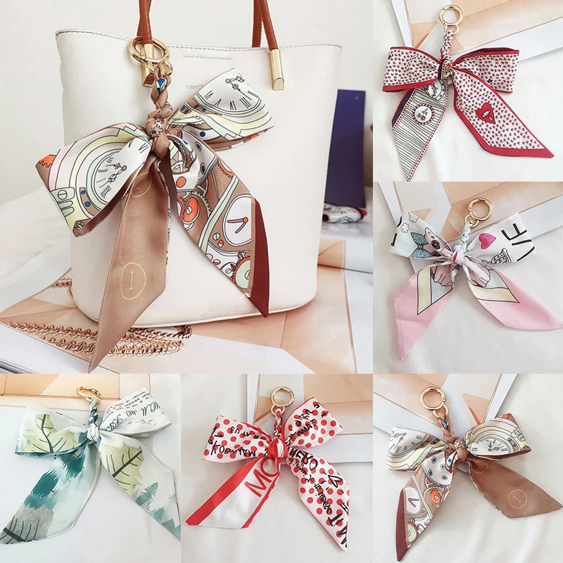 New Camellia Blossom Silk Scarf Bow Keychain Pendant Fresh Korean Edition Girls\' Bag Pendant Car Keychain