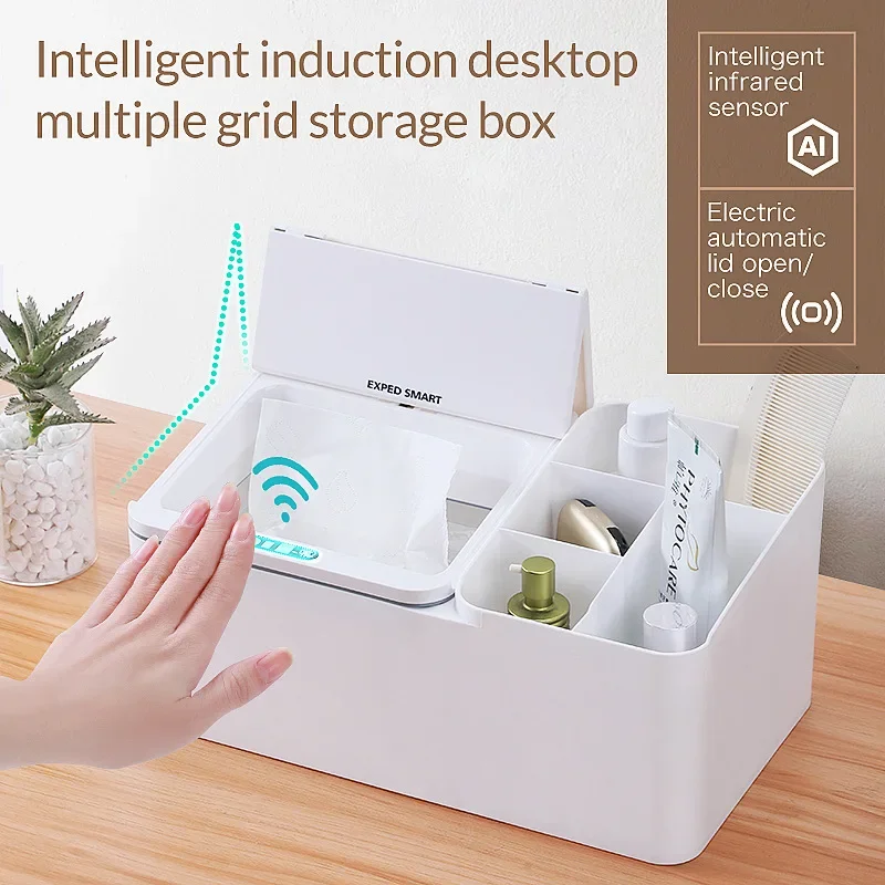 

Smart Sensing Electric Desktop Storage Box Rack Jewelry Skin Care Tissue Box Storage Box Office Snack Box Organizer
