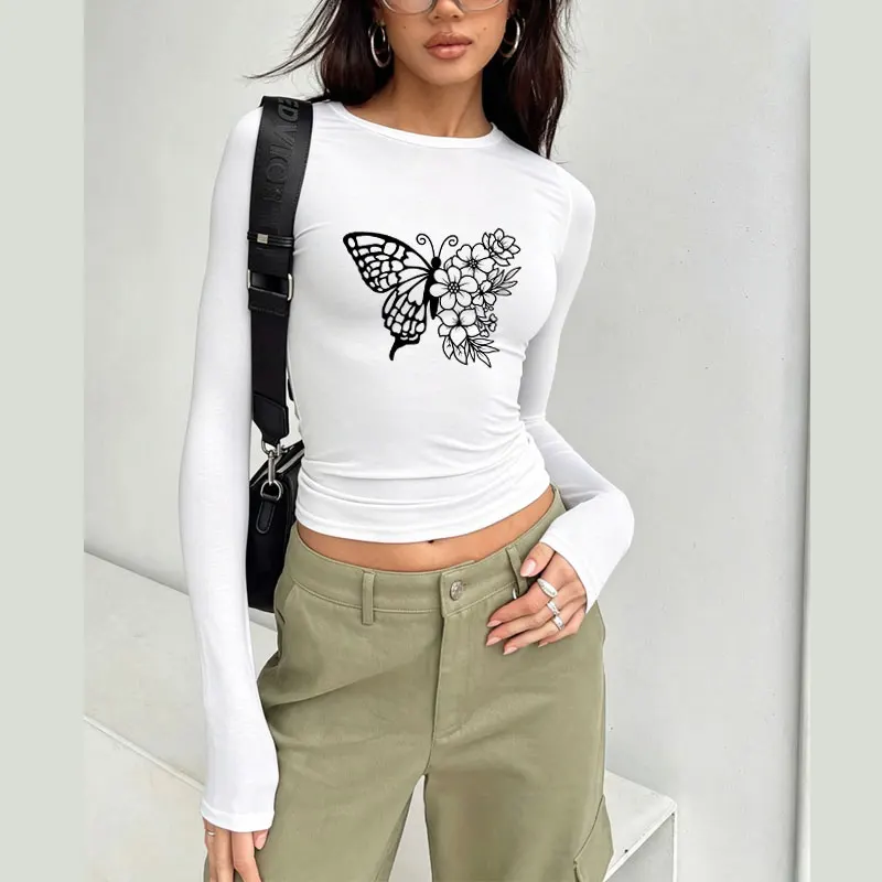 Flower Butterfly Print Spring Autumn Women T-Shirt Causal Long Sleeve Crop Tops O Neck Pullovers Tees Slim Fit T Shirt