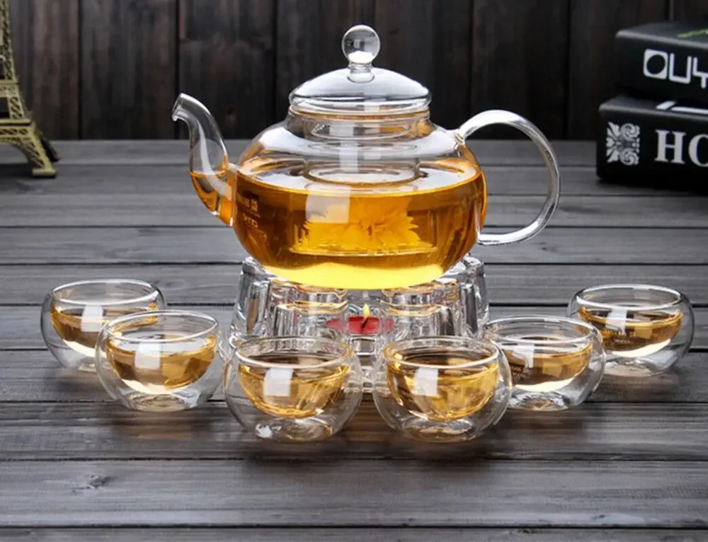 

Tea Set High Borosilicate glass Pot Infuser Coffee Leaf Herbal 6 Cups Warmer Teapot Gift Kitchen accessories Home