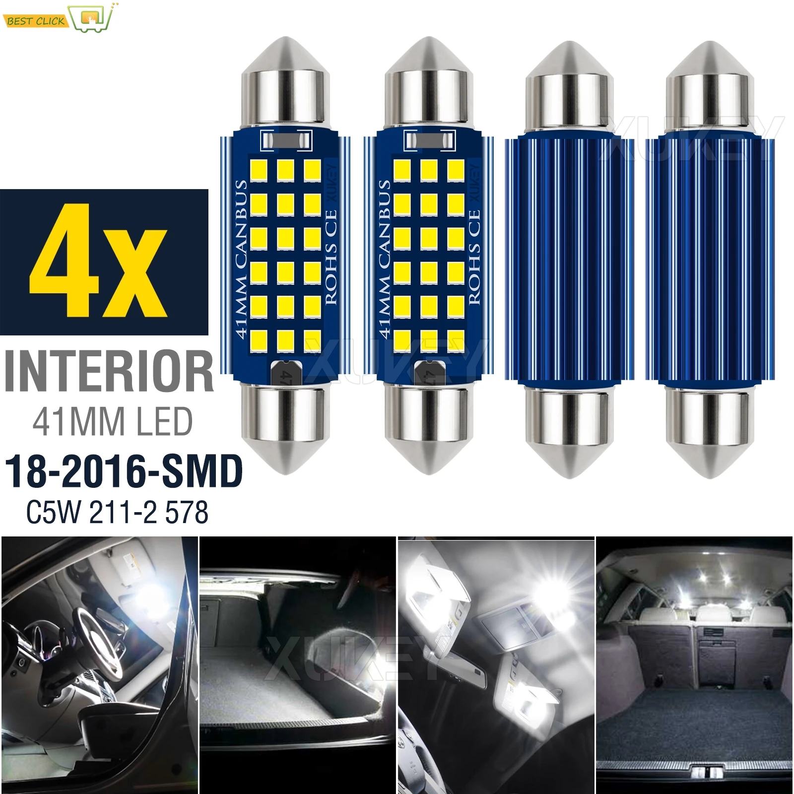 4x 578 LED Bulb Bright White 500LM 2016-SMD LED C5w Interior Dome Map Door Lights Bulbs 211-2 212-2 569 6411 6451 41mm 42mm 1.6”