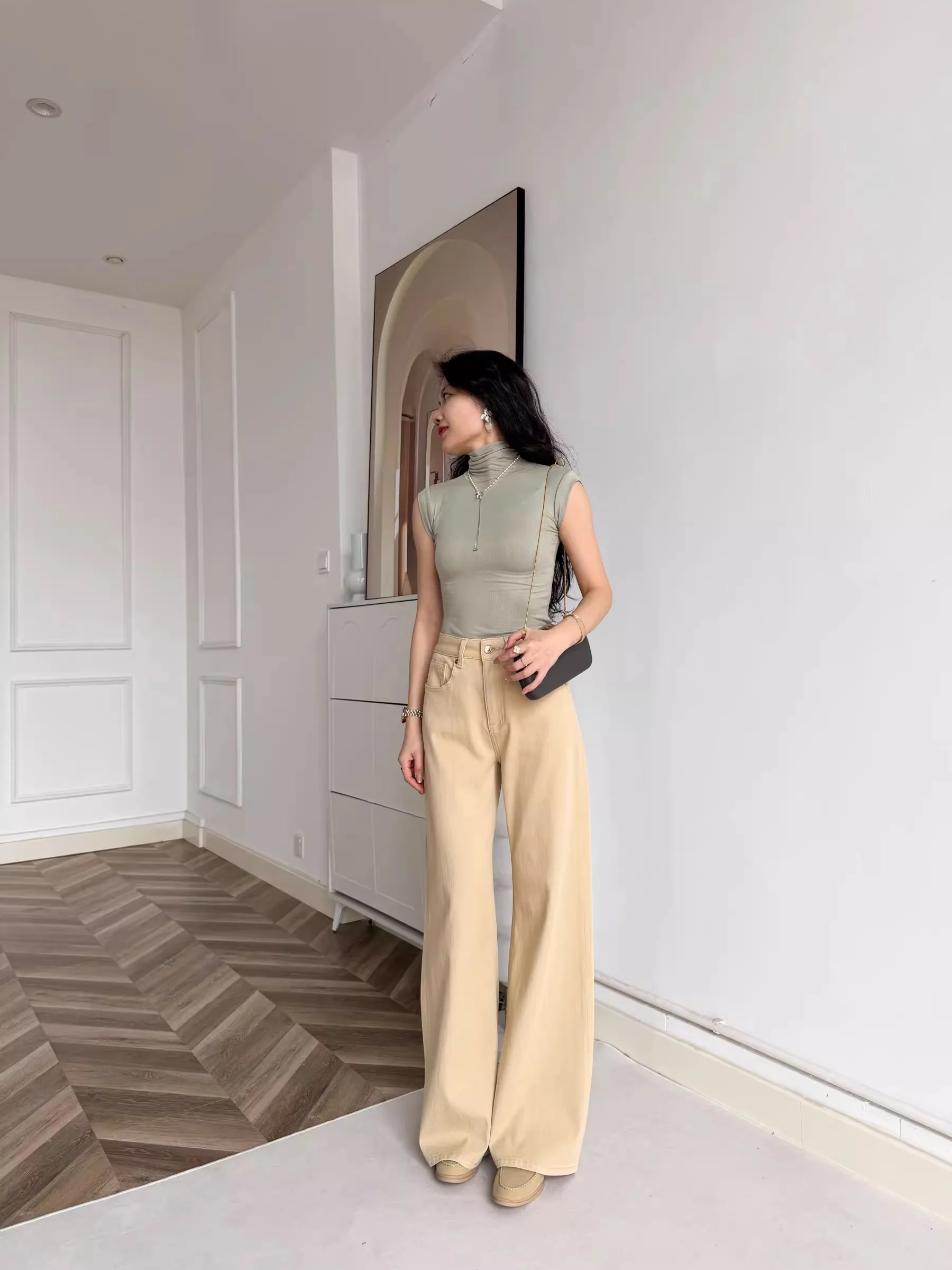 

High Waist Wide Leg Jeans Slim Fit Khaki Color mat Sle Bi Buy Lai Sel High Quali Women's Spring Summer Autumn Jeans