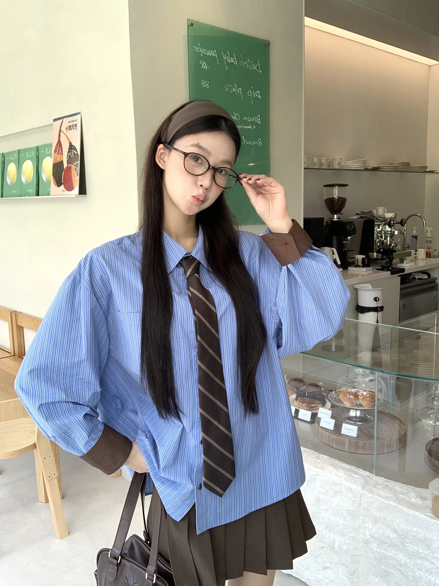 

Blue Striped Long Sve Women's irt 2025 New Sle Autumn Top High-End Feeling Cotton Blend Collar Button Closure