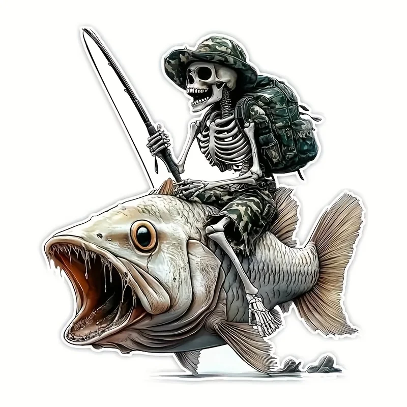 Skeleton Fisherman Vinyl Decal - Cartoon style, self-adhesive suitable for cars, motorcycles, laptops, skateboards