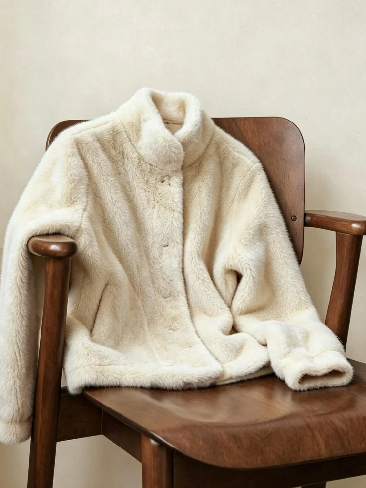 AACHOAE Women Faux Fur Jacket Winter Coat Stand Collar Long Sleeve Snap Button Warm Loose Casual Elegant Outerwear