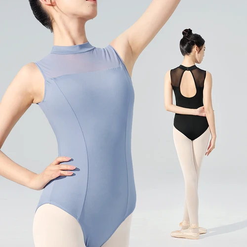 Imagen 2 del producto Leotardos de Ballet para mujer, leotardo de baile sin mangas, cuello levantado de nailon, empalme, leotardo de gimnasia, traje de Ballet para adultos, trajes de baile