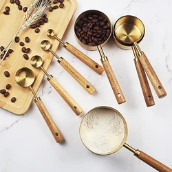 4PCS/8PCS baking cake stainless steel gold-plated weighing tool Acacia wood handle with carved measuring spoon Measuring tool