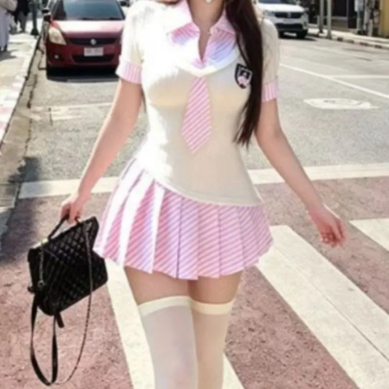 

2-8XL Japanese Preppy Style Uniform Women Fake Two Piece Dress Pink Collar Short Sleeve Top Pleated Skirt Sweet CD Sissy Dress